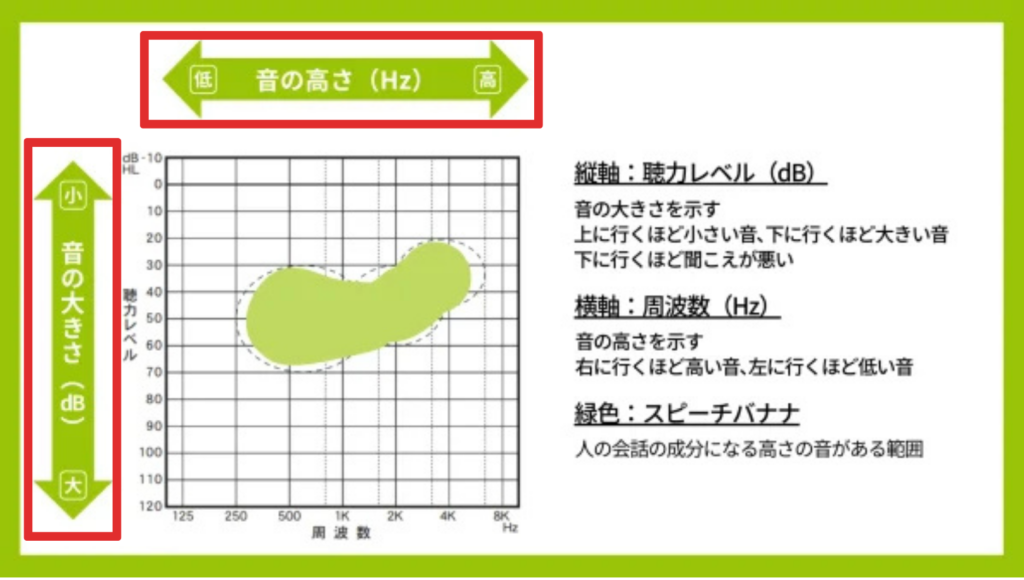 オージオグラムの縦軸と横軸に赤い囲い