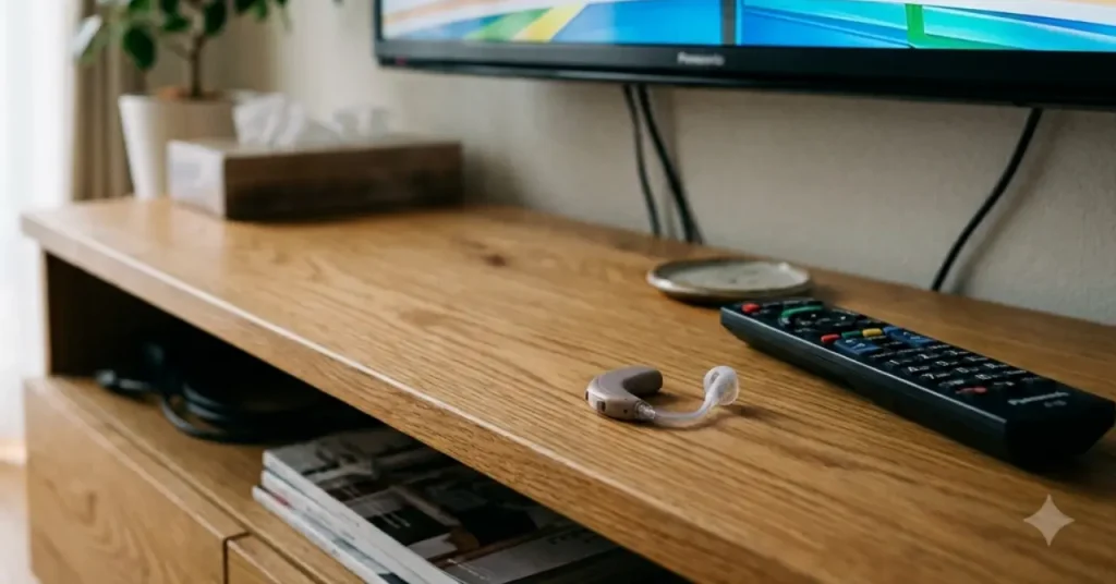 テレビの前に置かれた補聴器