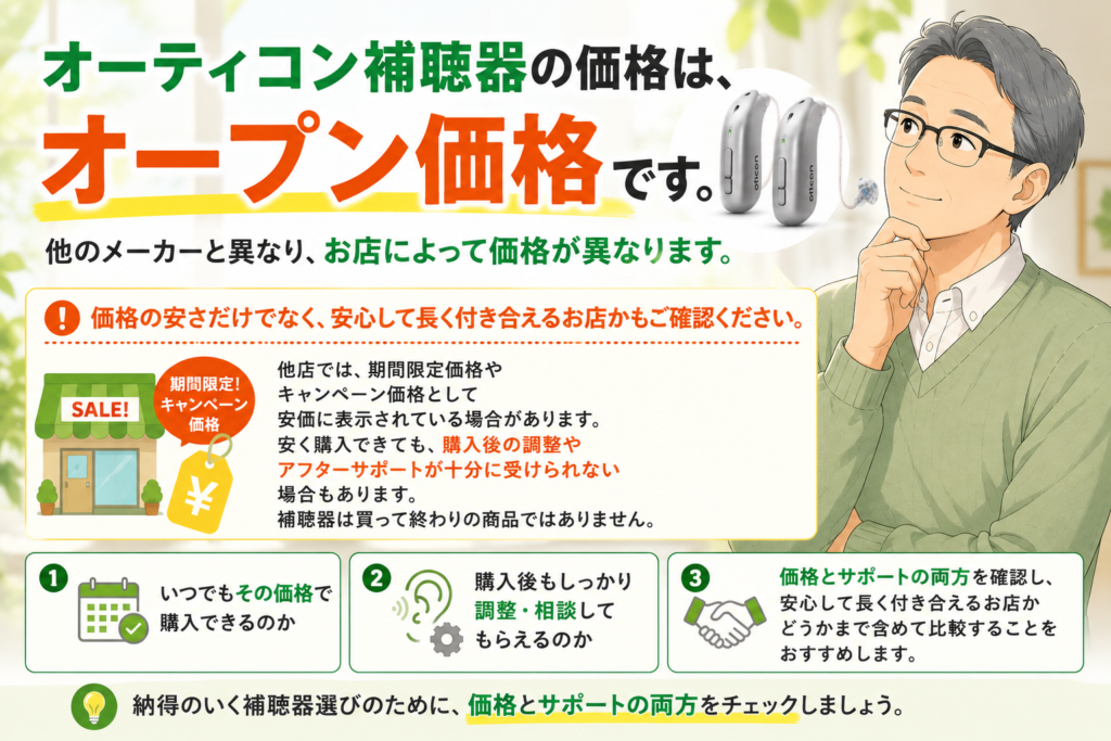 オーティコン補聴器の価格は、オープン価格です。他の補聴器メーカーと異なり、お店によって価格が異なります。
価格・金額の安さだけでなく、安心して長く付き合えるお店かもご確認ください。
他店では、期間限定価格やキャンペーン価格として安価に表示されている場合があります。安く購入できても、購入後の調整やアフターサポートが十分に受けられない場合もあります。補聴器は買って終わりの商品ではありません。
いつでもその価格で購入できるのか、購入後もしっかり調整・相談してもらえるのか。
価格とサポートの両方を確認し、安心して長く付き合えるお店かどうかまで含めて比較することをおすすめします。