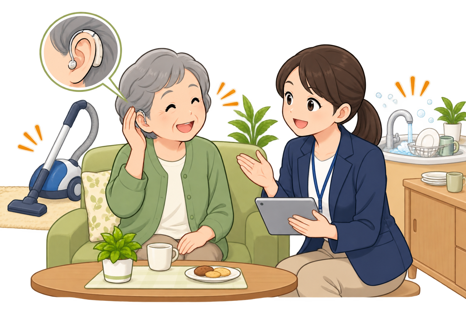 ご自宅で補聴器を使いながら専門家と笑顔で会話する様子