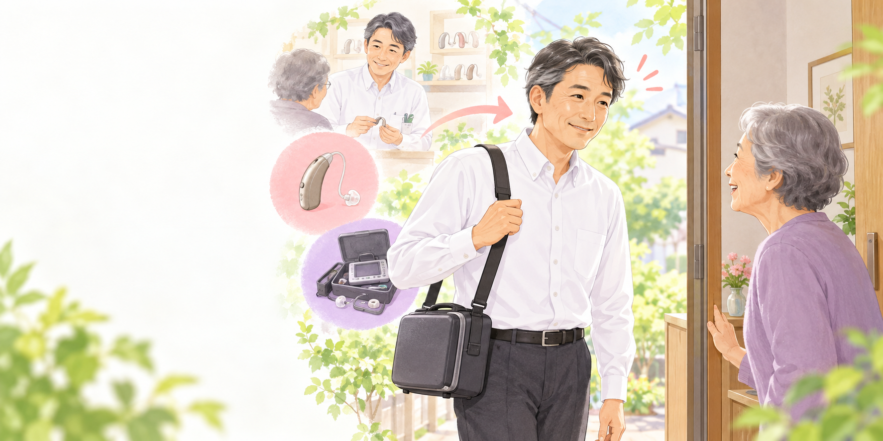 補聴器の専門家がご自宅を訪問し、利用者に笑顔で対応する様子