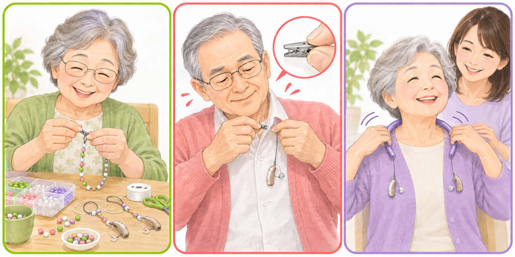 自作するシニア女性、ストラップを服に着けるシニア男性、のっけるんを載せるシニア女性と後ろで笑いかける女性のイラスト